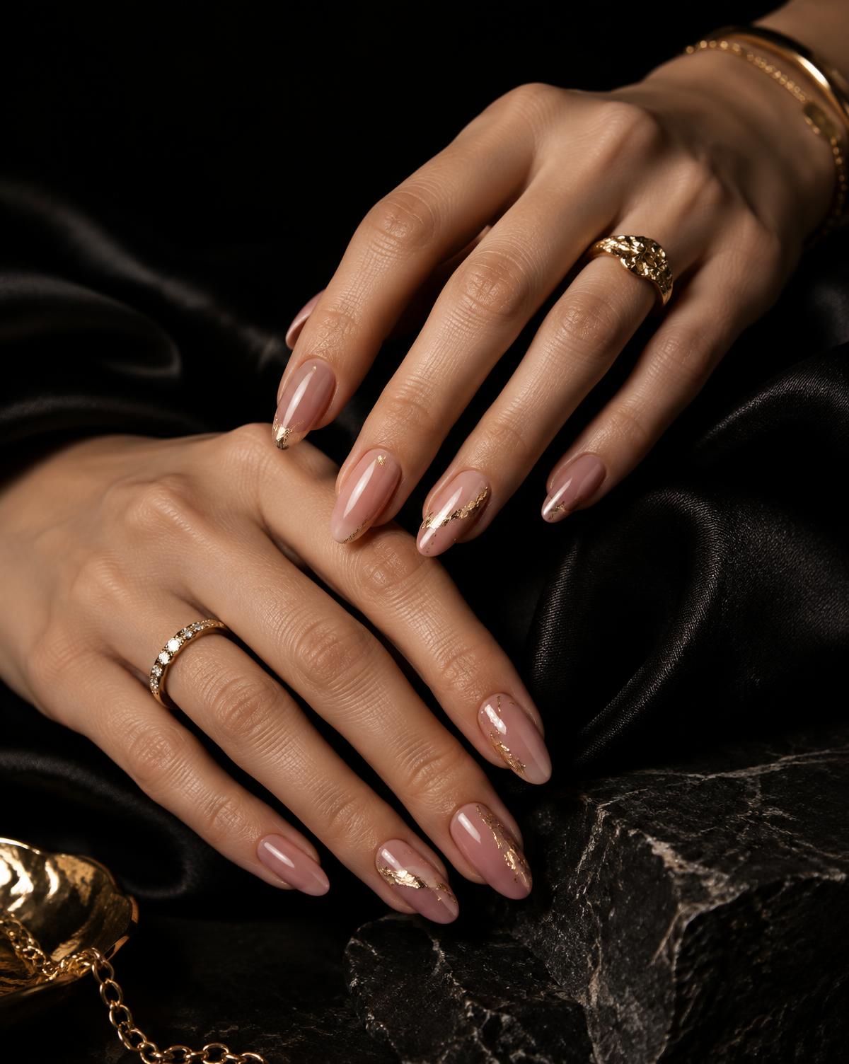 Unhas rosé com detalhes dourados